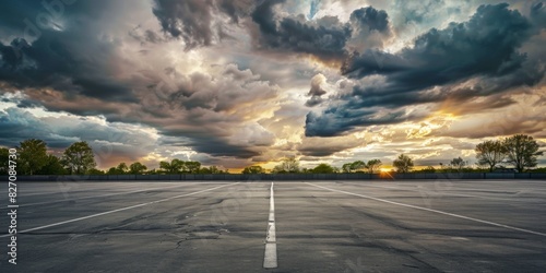 dramatic clouds over a clean parking lot with trees in the distance. No people or cars