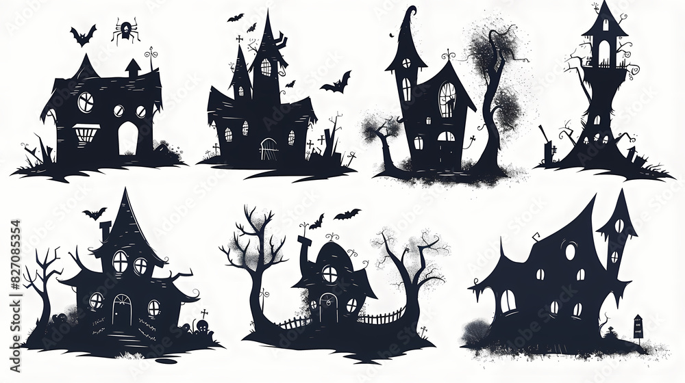 Collection of haunted house shadows, scary halloween house set Collection of haunted house shadows, scary halloween house set