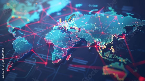 A map of the world with various lines and dots representing geographical features, routes, and connections between different countries and regions.