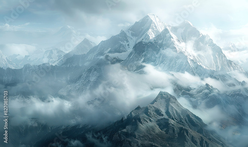 Ethereal blue mist enveloping rugged mountain tops, creating a serene landscape. Generate AI