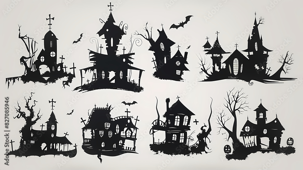Collection of haunted house shadows, scary halloween house set Collection of haunted house shadows, scary halloween house set