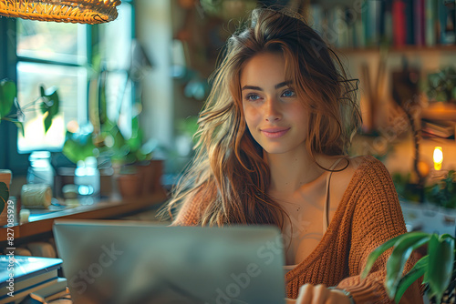 A beautiful woman is sitting at her laptop in an elegant bohostyle cafe. Created with Ai photo