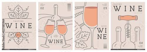 Set of modern line art magazine covers or posters with wine bottles and glasses. Restaurant menu design. Vector illustration