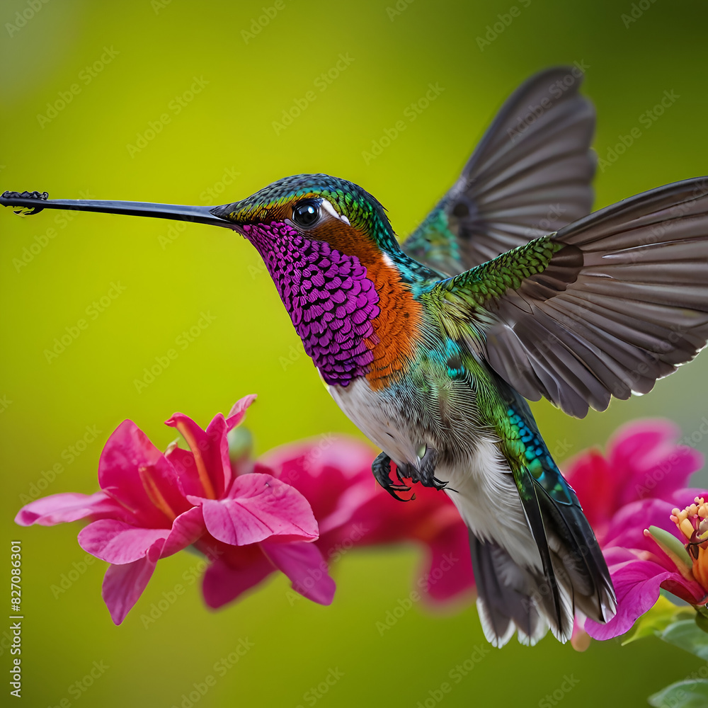 Flying hummingbird with green forest in background. Small colorful bird in flight. Digital art Flying hummingbird with green forest in background. Small colorful bird in flight. Digital art