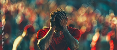 Disappointed football fans react to their team's loss in the stands. Faces show sadness and dismay after the defeat. the fans wearing red and white t-shirt . photo