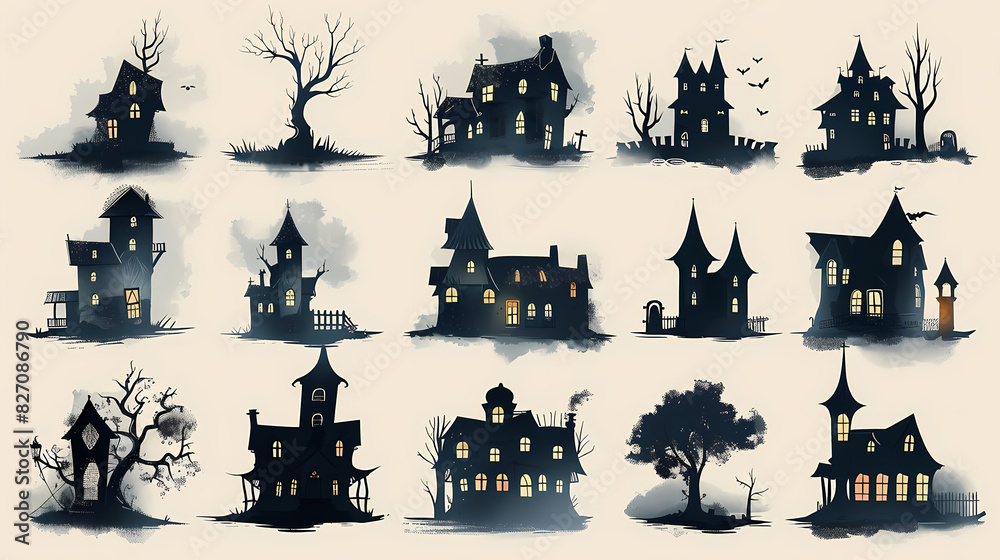 Collection of haunted house shadows, scary halloween house set Collection of haunted house shadows, scary halloween house set
