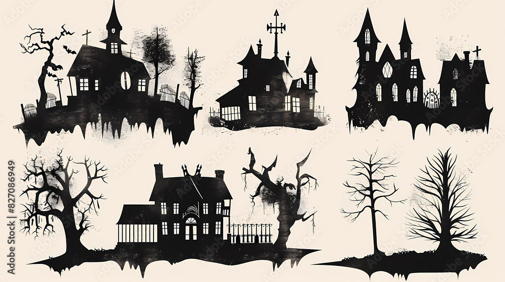 Collection of haunted house shadows, scary halloween house set Collection of haunted house shadows, scary halloween house set