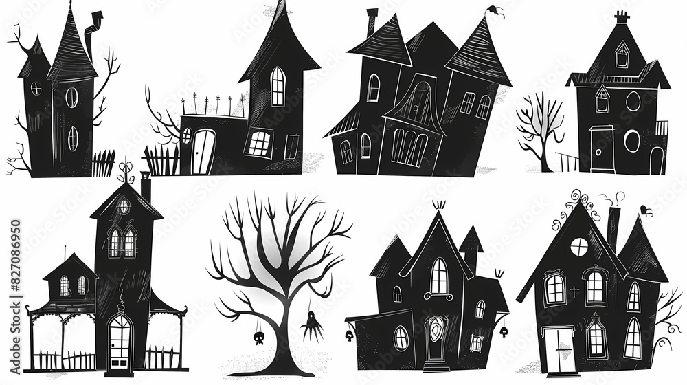 Collection of haunted house shadows, scary halloween house set