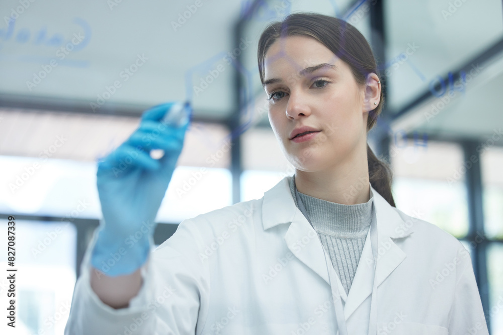 Scientist, woman and writing formula for medical solution and particles research with planning and experiment in laboratory. Working and board with chemistry, molecule and science work with thinking Scientist, woman and writing formula for medical solution and particles research with planning and experiment in laboratory. Working and board with chemistry, molecule and science work with thinking