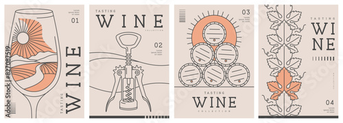Set of modern line art magazine covers or posters with wine glass, corkscrew and barrels. Restaurant menu design. Vector illustration