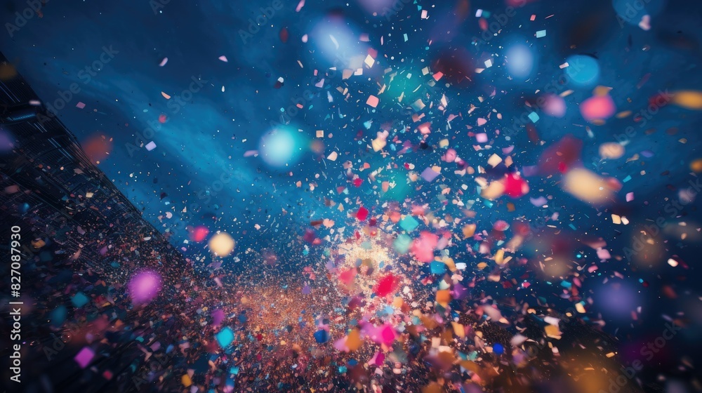 A burst of colorful confetti exploding into the air, creating a festive and celebratory atmosphere A burst of colorful confetti exploding into the air, creating a festive and celebratory atmosphere