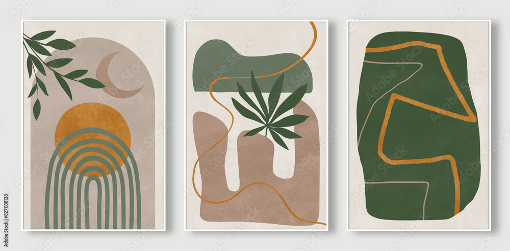Modern minimalist green geometric mountain leaves art illustration, triptych