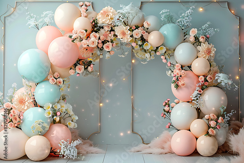 Pastel Balloon and Floral Arch Digital Backdrop for Studio, Easter, Cake Smash Photography - Photoshop Overlay, Digital Background