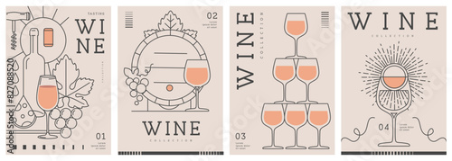 Set of modern line art magazine covers or posters with wine bottles and glasses. Restaurant menu design. Vector illustration