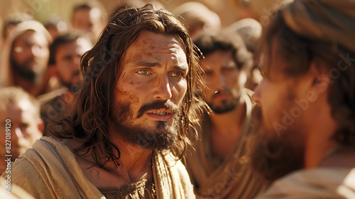 Jesus speaking to the crowd  surrounded by his disciples in ancient Jerusalem. The scene captures Jesus  serene expression as he passes on wisdom and knowledge with warmth and compassion. 