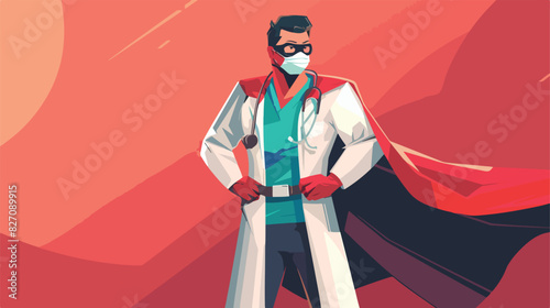 Flat cartoon art with doctor in face mask and superhe