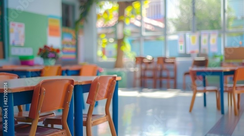 School classroom in blur background without young student. Blurry view of elementary class room no kid or teacher with chairs and tables in campus. Back to school concept --ar 16:9 --style ra