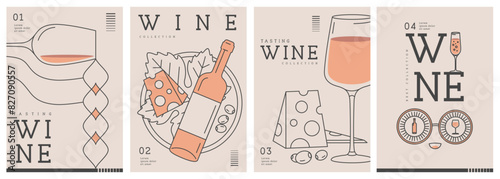 Set of modern line art magazine covers or posters with wine bottles and glasses. Restaurant menu design. Vector illustration