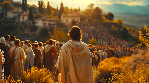 Jesus performing the miracle of feeding the 5000, with loaves and fish multiplying in his hands. He stands on a hillside surrounded by a large, amazed crowd and his disciples. 
