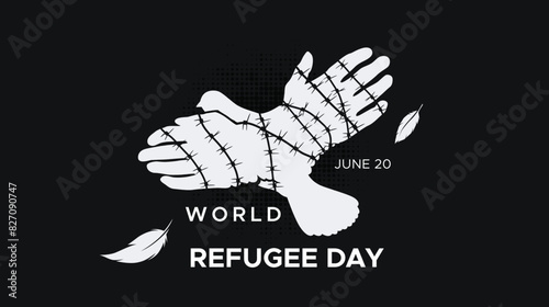 Commemorating World Refugee Day, June. design concept of refugees who migrate due to violent behavior and war. the symbol of a dove bound by barbed wire and a black background