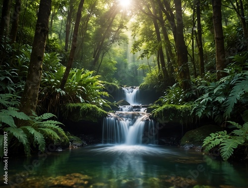 waterfall in jungle   Lush green forest  Sunlight through leaves  Small waterfall in forest Nature scenery