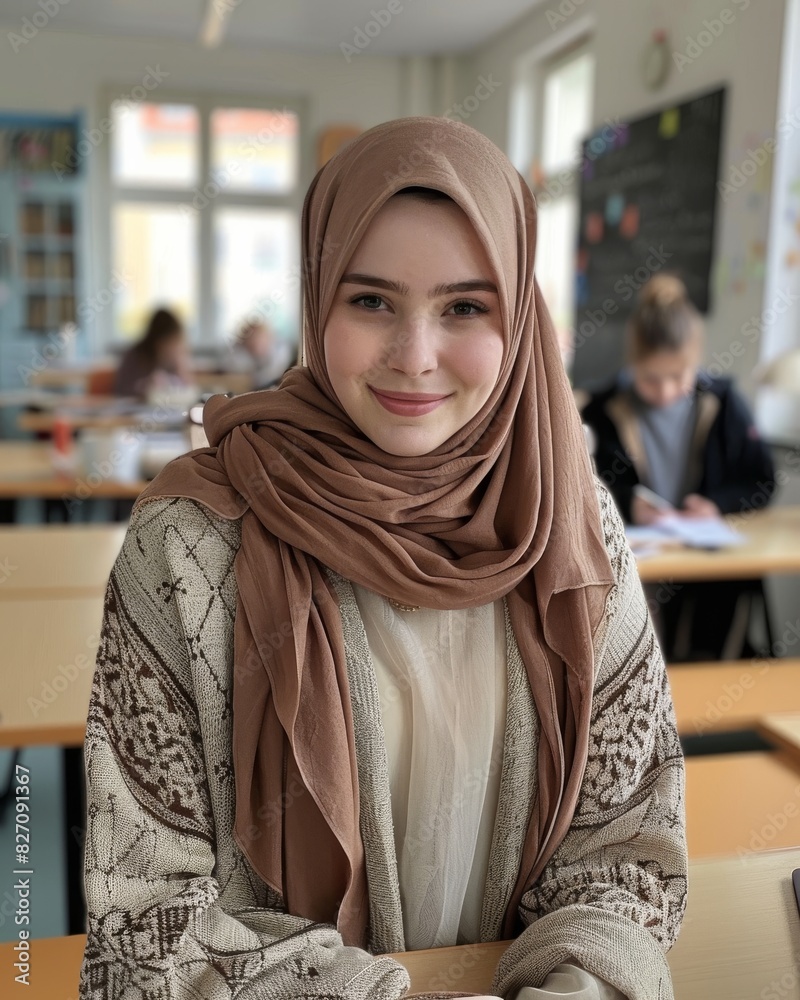 A respectful portrayal of a young girl wearing a hijab and smiling in a classroom environment A respectful portrayal of a young girl wearing a hijab and smiling in a classroom environment