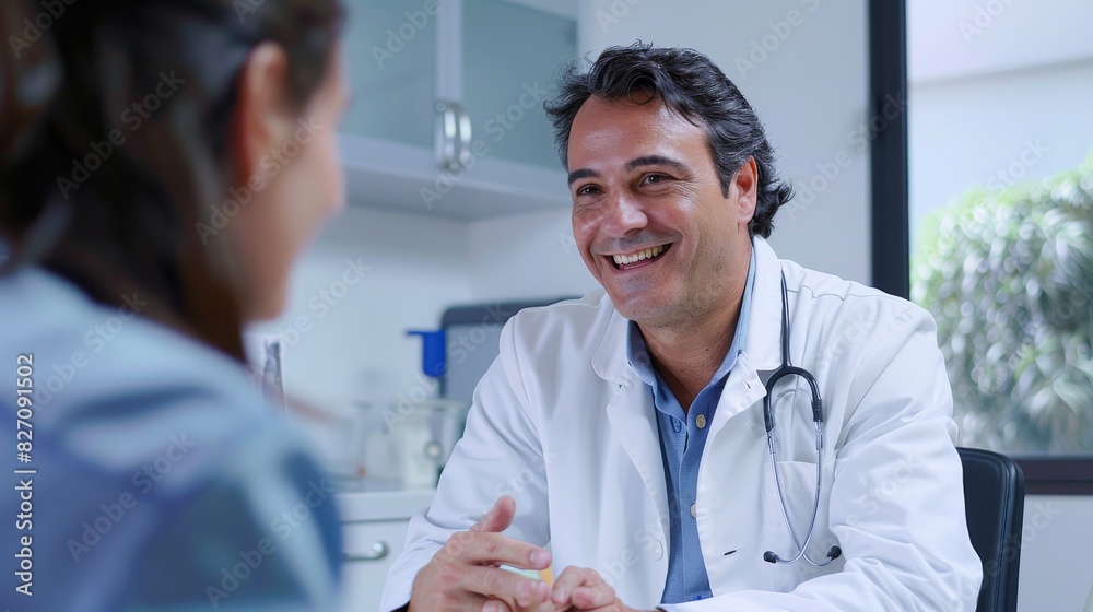 A male doctor in a white coat is seen smiling and conversing with a female patient in a clinical setting A male doctor in a white coat is seen smiling and conversing with a female patient in a clinical setting