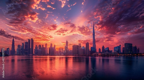 A stunning city skyline at sunset with vibrant orange and pink hues