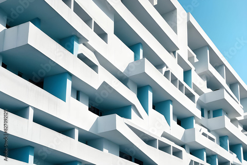 Abstract architecture background texture. Close up of geometric structure made of balconies fragments, white buildind walls against clear blue sky. Concrete, perspective, composition, minimal, angular photo
