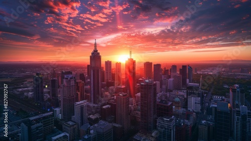 A stunning city skyline at sunset with vibrant orange and pink hues