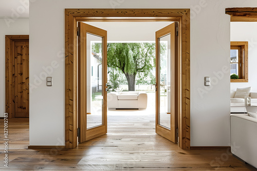 opened wooden door to modern living room interior