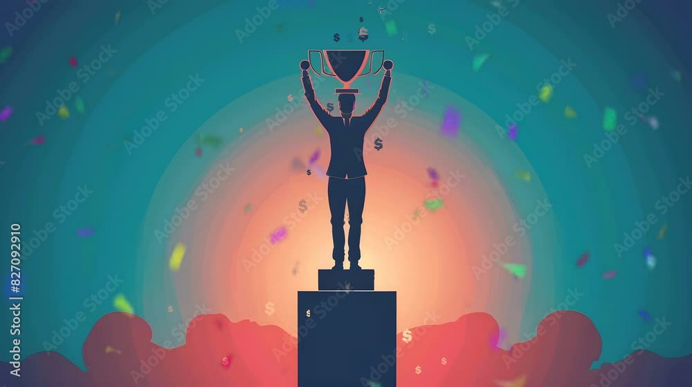Trophy Raining Background Businessman celebrates success on the podium holding a trophy with ...