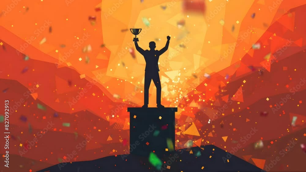 Trophy Raining Background Businessman celebrates success on the podium holding a trophy with ...