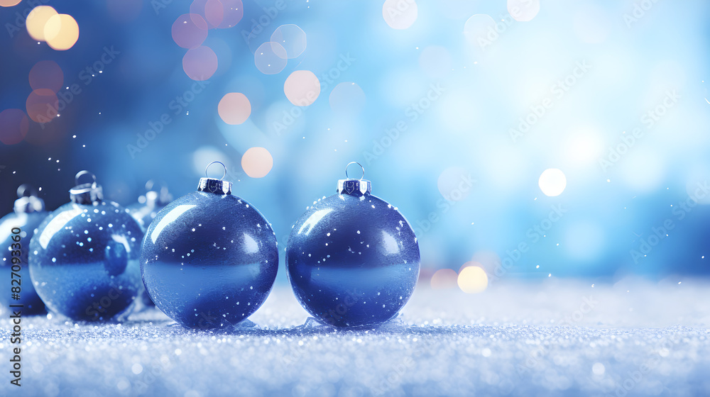 Fototapeta premium Sparkling Blue Christmas Ornaments on Snowy Surface with Bokeh Lights Background
