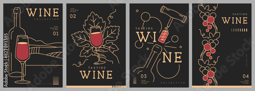 Set of modern line art magazine covers or posters with wine bottles and glasses. Restaurant menu design. Vector illustration