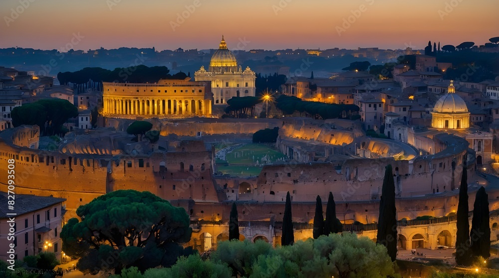 Rome's Imperial Forum is illuminated by the blue light of dusk as nighttime approaches, bringing attention to its historic buildings. This Lazio, Italy, UNESCO World Heritage Site