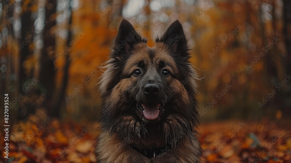  A tight shot of a dog in a forest, surrounded by orange and yellow leaves on the ground, and trees displaying yellow foliage