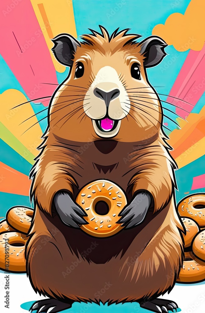 Obraz premium Cute Capybara Indulging in a Donut Treat Illustration