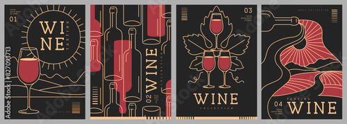 Set of modern line art magazine covers or posters with wine bottles and glasses. Restaurant menu design. Vector illustration