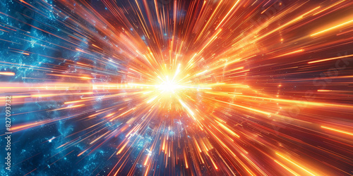 Dynamic burst of light with blue and orange streaks, futuristic abstract background showcasing energetic motion and vibrant illumination in a cosmic space theme.banner 