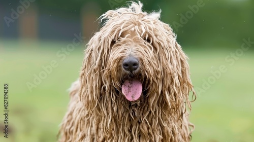  A shaggy dog with its pink tongue extended, faces a lush green field dotted with trees The background softly blurs