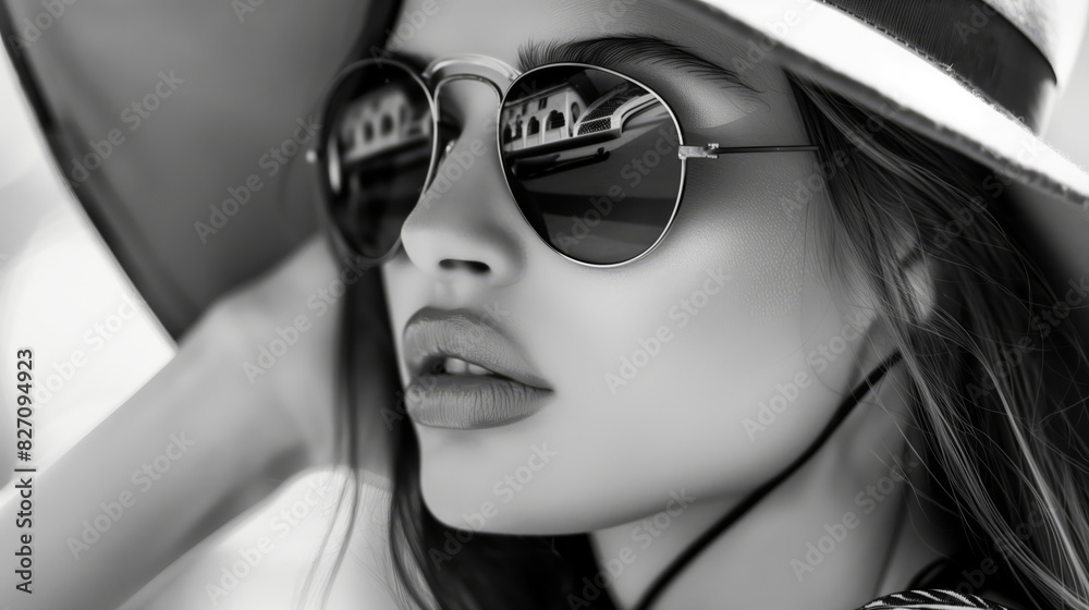 Naklejka premium Elegant Woman Wearing Hat And Sunglasses With Urban Reflection In Lenses