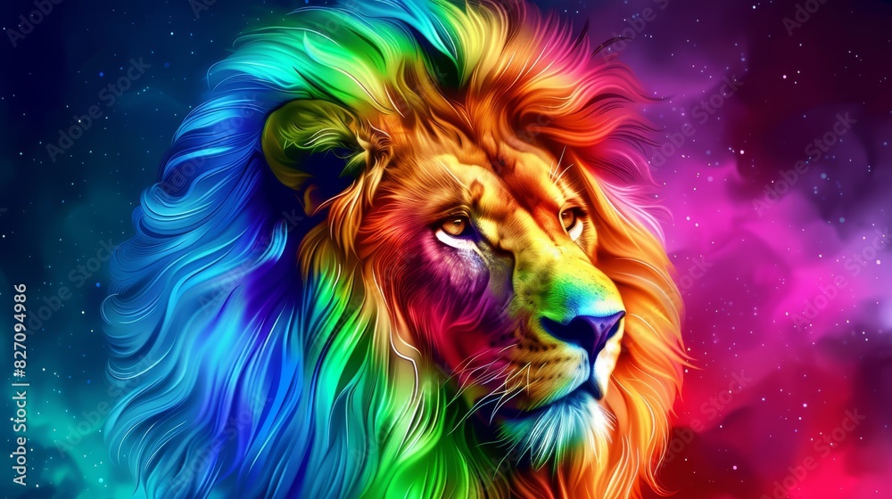  A tight shot of a vibrant lion's face against a dark backdrop, adorned with stars and a sky filled with them, reveals a multicolored mane
