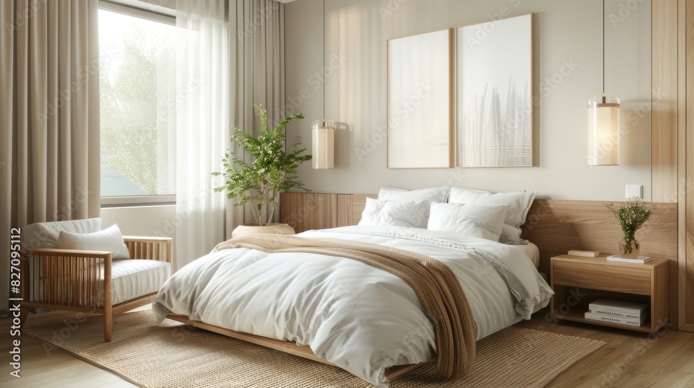 A minimal bedroom with a clean design, neutral tones, and modern decor A minimal bedroom with a clean design, neutral tones, and modern decor