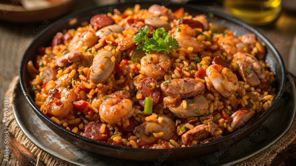 Traditional jambalaya cooked in a wok and served on a plate View from the front