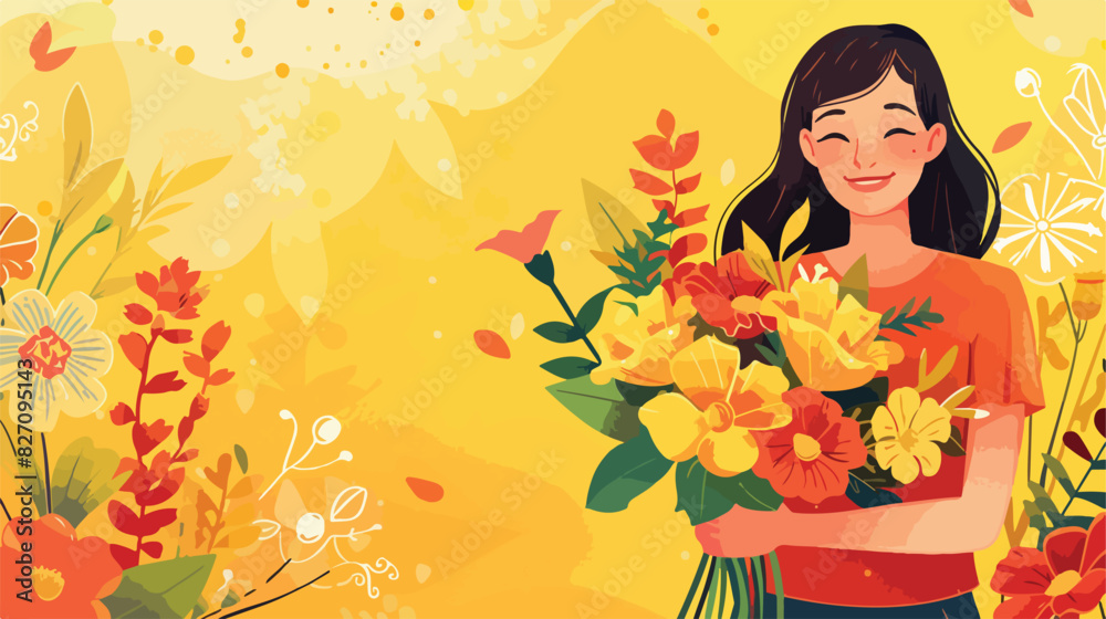 Florist with beautiful bouquet on yellow background 