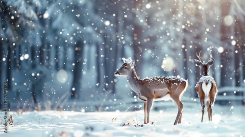 Winter wildlife landscape with noble deers snow falling. photo