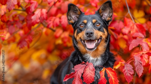  A black and brown dog stands before a tree with red and yellow leaves The tree's branches display red, yellow, and orange hues photo
