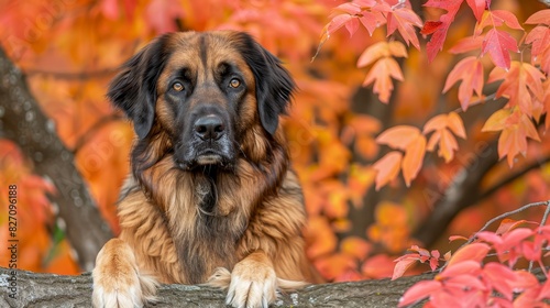  A large brown and black dog perched on a tree branch Surrounding trees display orange and red leaves A distinct red-leafed branch nearby