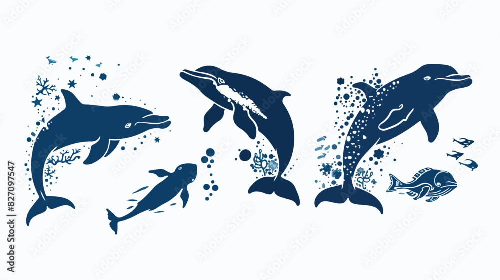 Four of sea animal silhouette on white background. 